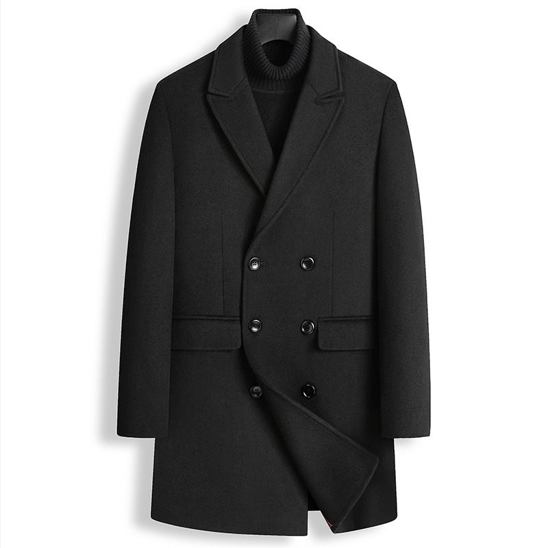 Herren Wollmantel, lang, über dem Knie, koreanische Version, zweireihig, Kaschmir, Windjacke, dick, einfarbig_voghion.com