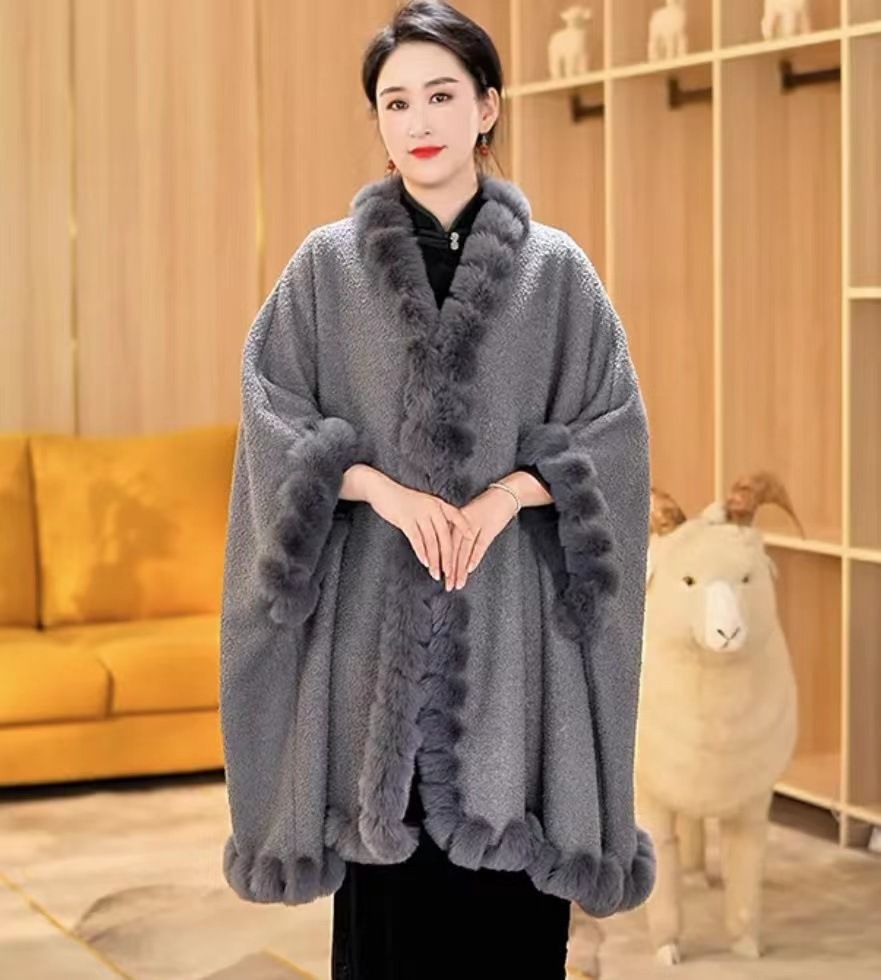 Women's Shawls Autumn And Winter New Woolen Coat Plus Velvet Thickening Fashionable Fur Collar Warm Loose Large Size Cloak Shawl Outer Wear_voghion.com