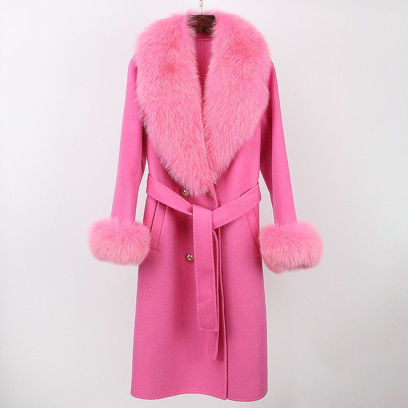 Damenbekleidung ​Luxusmantel aus Wollmischung mit Fuchspelzkragen, Damen-Wintertrenchcoat, zweireihiger langer Mantel mit handgefertigten Details (Slim Fit)​_voghion.com