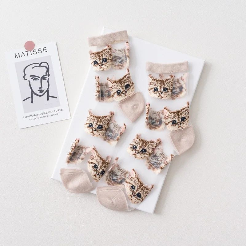 Kadınlar Şeffaf Sevimli Kedi Çorap Kawaii Bayanlar Japon Moda Kore Trendy Yaz Ince Kristal Ipek Çorap Cam Elyaf_voghion.com