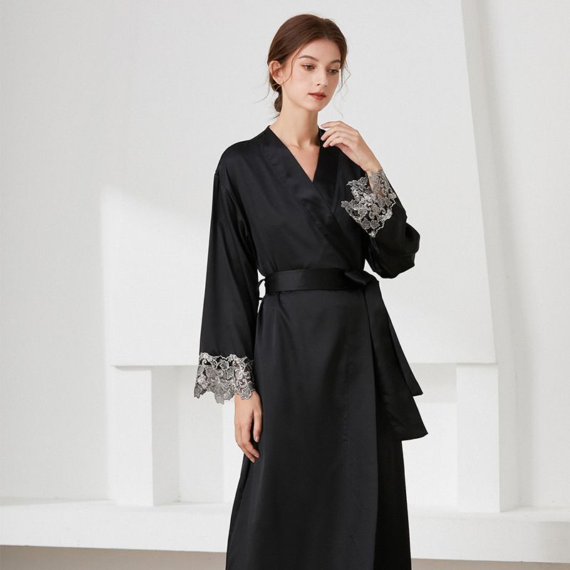 Women's clothing Autumn and winter long women's nightgown, comfortable lace-up silk pajamas and bathrobes, thin cardigan, long-sleeved home clothes_voghion.com