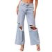 Kniezerrissene Jeans für Damen, hohe Taille, lange Hose mit weitem Bein, leicht verwaschene Freizeithose_voghion.com