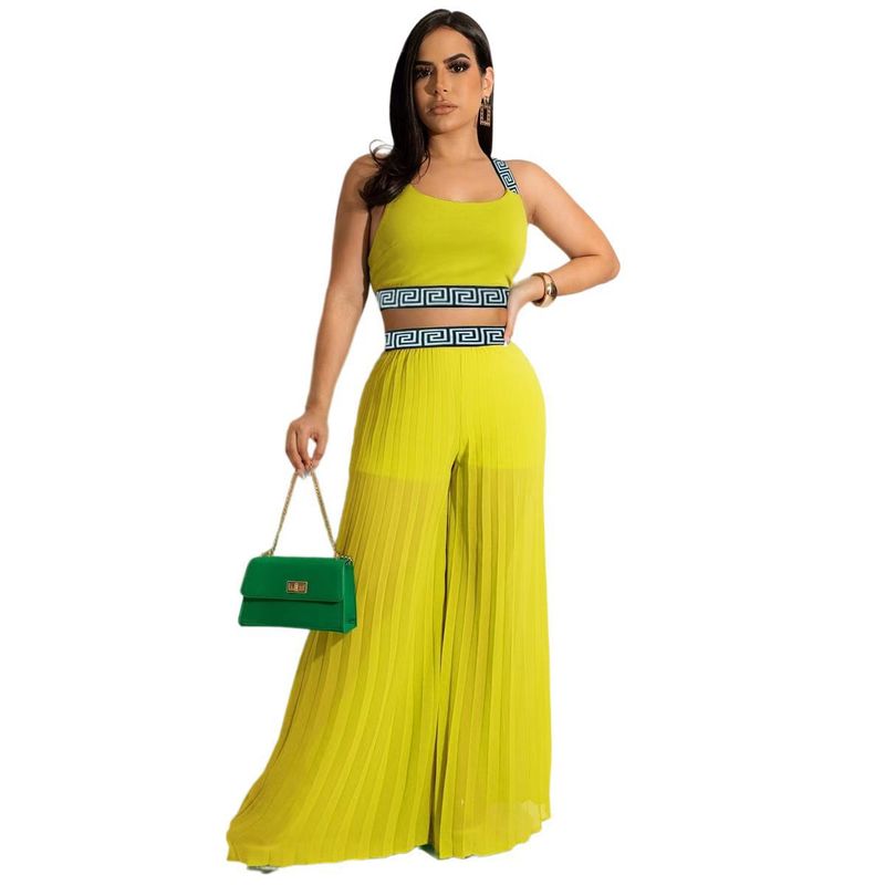 Abbigliamento da donna in chiffon multicolore ad alta temperatura che modella la tracolla elastica pieghettata in due pezzi moda estiva_voghion.com