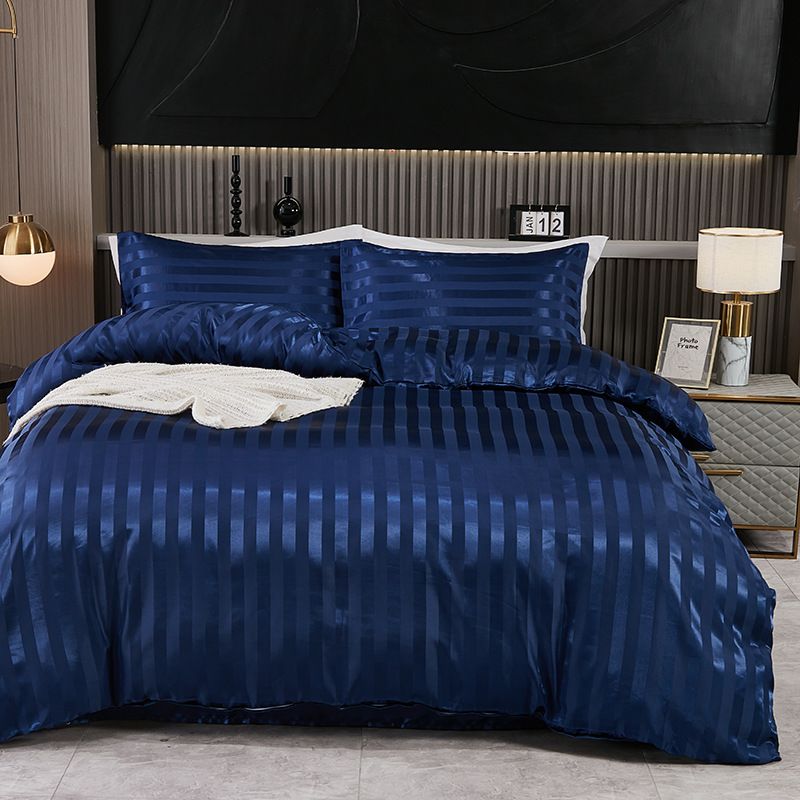 silk satin strip three piece duvet cover set_voghion.com