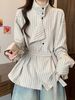 Unregelmäßiges langärmliges gestreiftes Rollkragenhemd für Damen, Herbst und Winter, Übergröße, zum Abnehmen_voghion.com