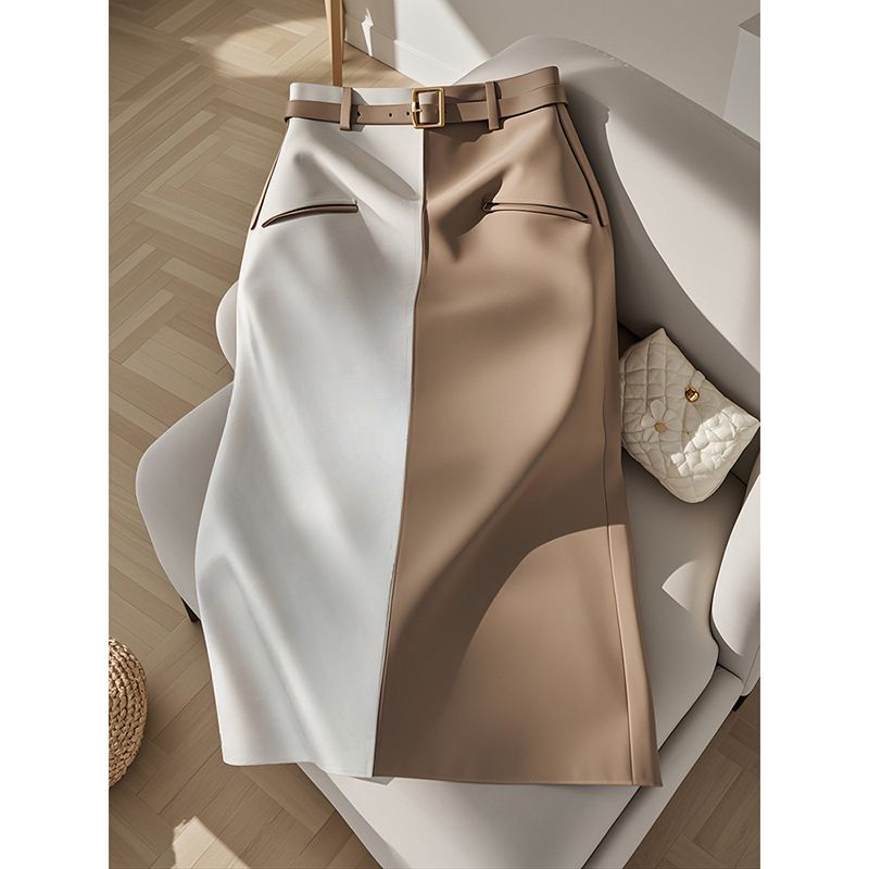Dameskleding Frans, high-end, temperament, kaki kleur contrast rok voor vrouwen nieuw begin herfst_voghion.com