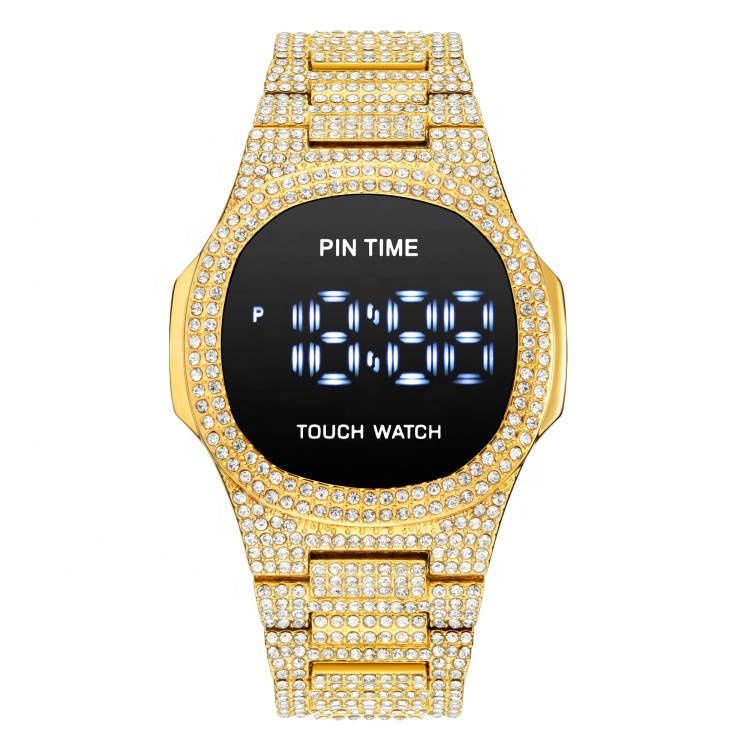 Luxus Dropshipping Pintime Square Gold Bling Hip Hop Iced Out karóra érintőképernyős digitális LED gyémánt órák férfi csuklóra_voghion.com
