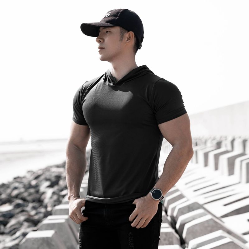 Pánské oblečení Jarní a letní nové fitness volnočasové sporty běh cvičení jednobarevné rychleschnoucí elastické tričko s kapucí, tenké, s krátkým rukávem_voghion.com