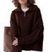 "Plus Size Zip-Front Knit Sweater With Mock Neck - Stretchy Polyester Blend Long Sleeve Pullover, Wrinkle-Resistant & Warm,_voghion.com