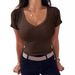 Damenbekleidung V-Ausschnitt Geripptes, tailliertes, enges T-Shirt Kurzarmhemd Basic Strickoberteil_voghion.com