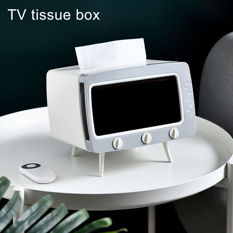 Kunjiuyou Tissue Box 2-in-1 Multifunctional TV Shape Paper Dispenser Napkin Case Phone Holder for Desktop-White_voghion.com