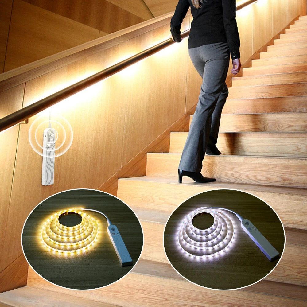 Weiß PIR Motion Sensor LED Streifen Licht Batterie Powered Treppen Schrank Schrank UK_voghion.com
