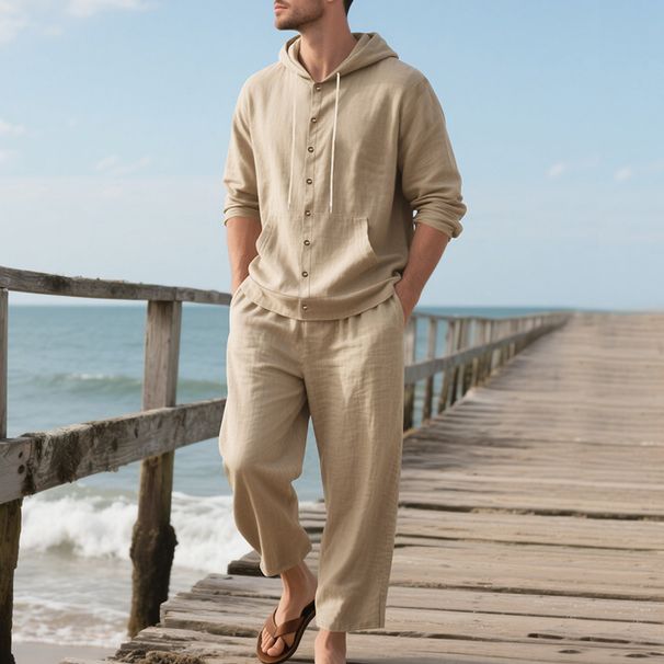 Herren-Set aus Leinen mit Kapuze und langer Hose – Lockere Passform, atmungsaktives Gewebe, lässige Strandkleidung für Frühling und Sommer_voghion.com