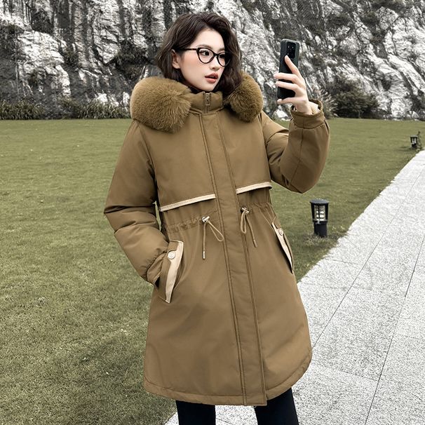 Roupas femininas Jaqueta de algodão Gola de pele Algodão Longline Cinto Acabamento em pele de coelho Casaco com capuz Parka com enchimento de poliéster espesso para o inverno_voghion.com