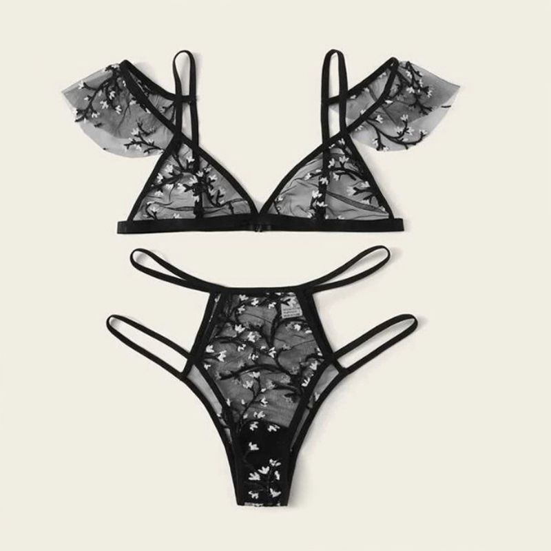 Conjunto de sutiã sexy bordado floral malha lingerie conjunto push up bralette + oco para fora tanga feminino sexy íntimos roupa interior_voghion.com
