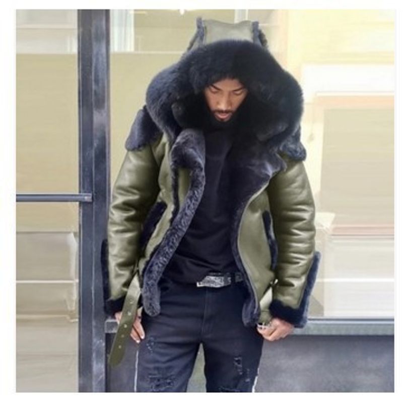 Q027 Casaco masculino de couro sintético com pelúcia e pele espessa integrada, casaco curto com zíper, casaco masculino com capuz_voghion.com