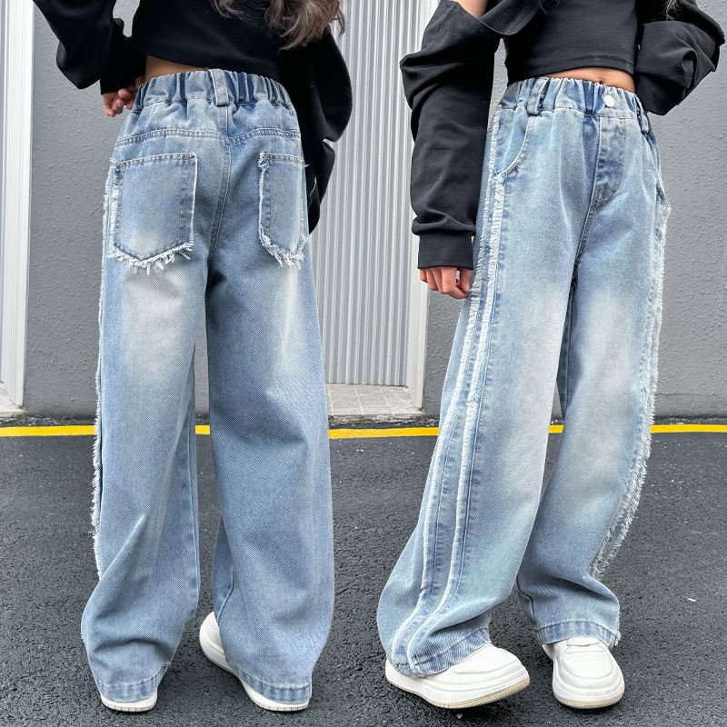 Ragged Edge Jeans 2024 Spring Wear New Korean Edition Long for Middle and Big Children, Fashionable Girls' Pants, Wide_voghion.com