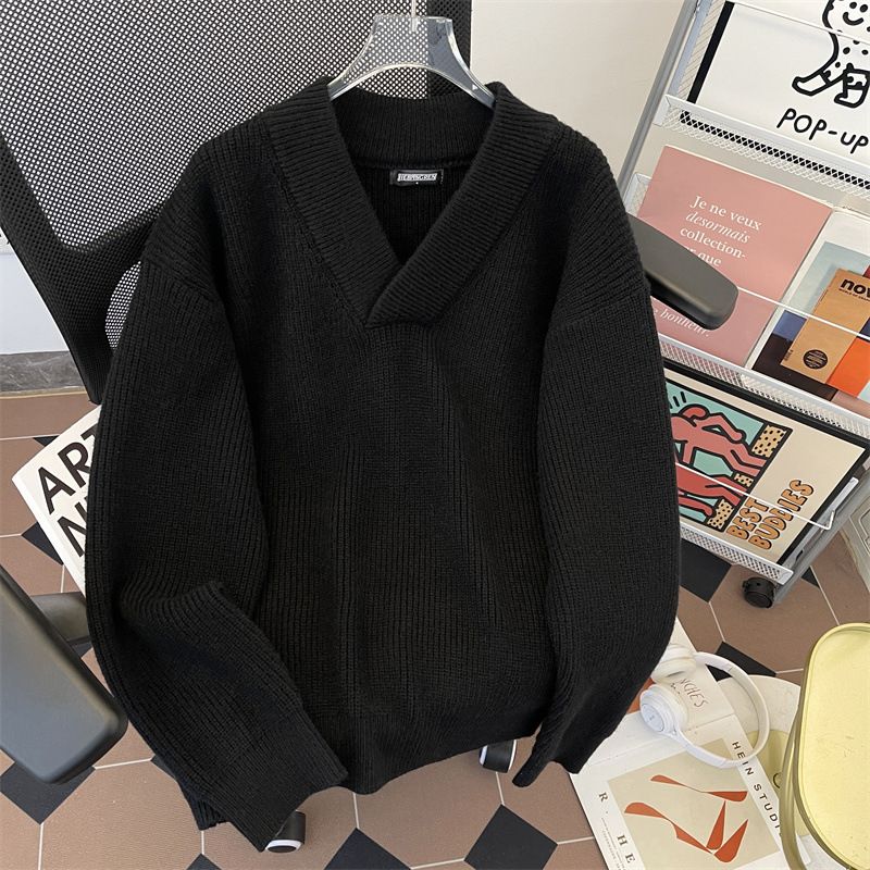Men's Oversized V-Neck Sweater - Soft Knit Pullover For Layering, Casual & Retro Style, Light Business Wear (G71-Grey/Black)_voghion.com