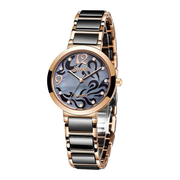 SUNKTA ST6609 Nuovo orologio da donna con movimento al quarzo e quadrante con motivo in ceramica, regalo per festival_voghion.com