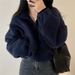 Women's Stand Collar Cropped Fleece-Lined Sweatshirt Winter Oversized Zip-Up Hoodie With Sherpa Lining Ins Style_voghion.com