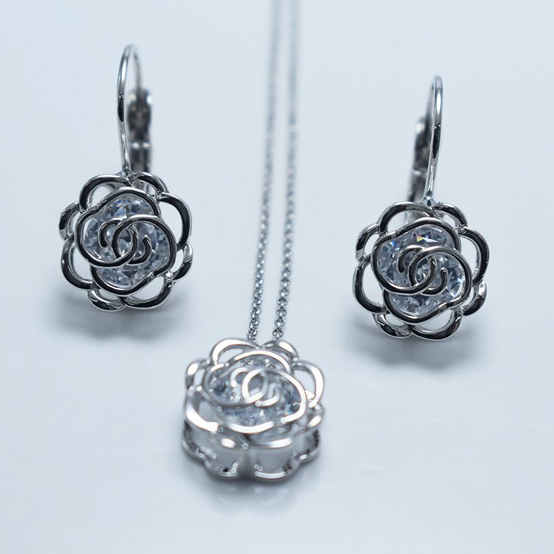 Set di gioielli da donna con zirconi rosa, semplice collana con clavicola lucida, piccola collana con orecchini a camelia freschi e personali_voghion.com