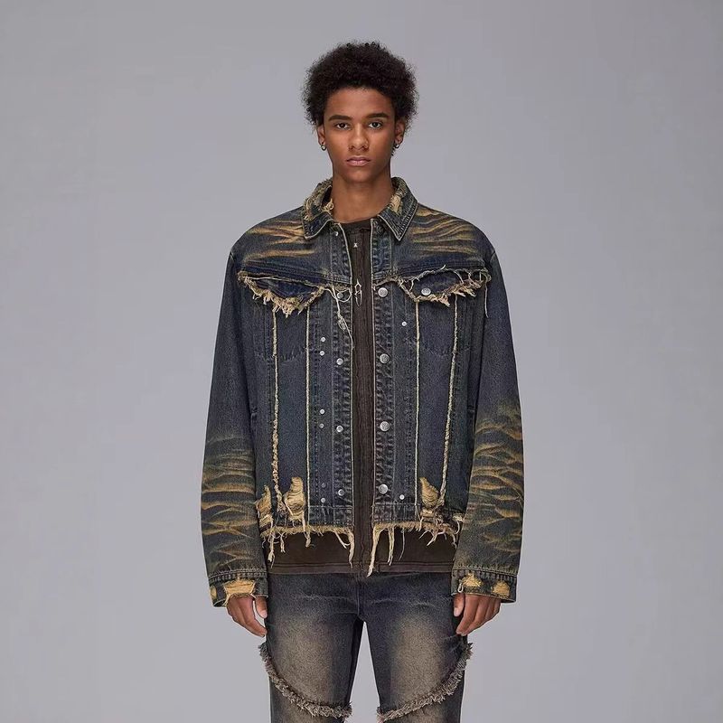 Vintage-Jeansjacke im Washed-Look für Herren – Retro-Distressed-High-Street-Fashion-Oversize-Bikermantel mit Batik-Design_voghion.com