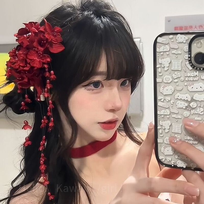 Red Lily Of The Valley Flower Fringed Hairpin Side Clip Bridal Wedding Headgear Atmosphere Photo Accessories Accessories_voghion.com