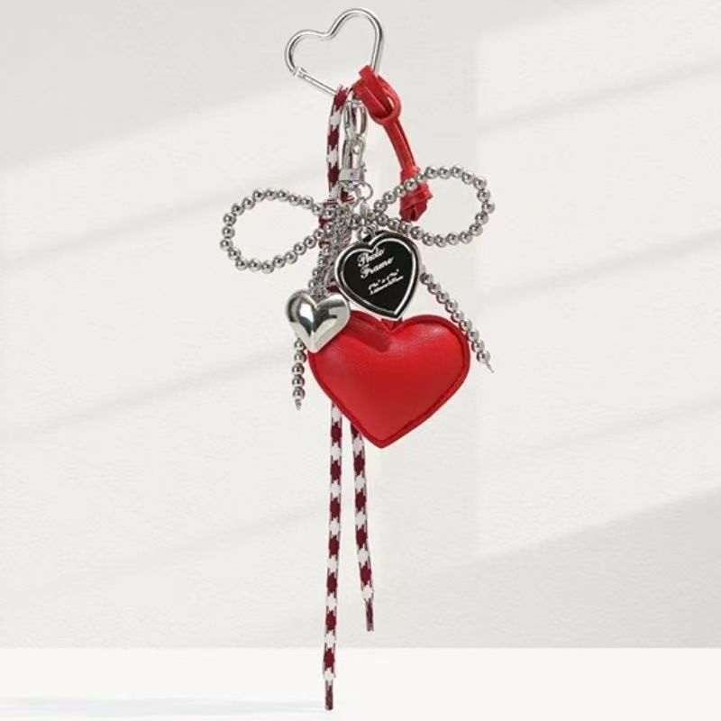 Cute Girlish Silver Bead Bow Miu Bag Pendant Leather Heart Super Beautiful Keychain Pendant_voghion.com