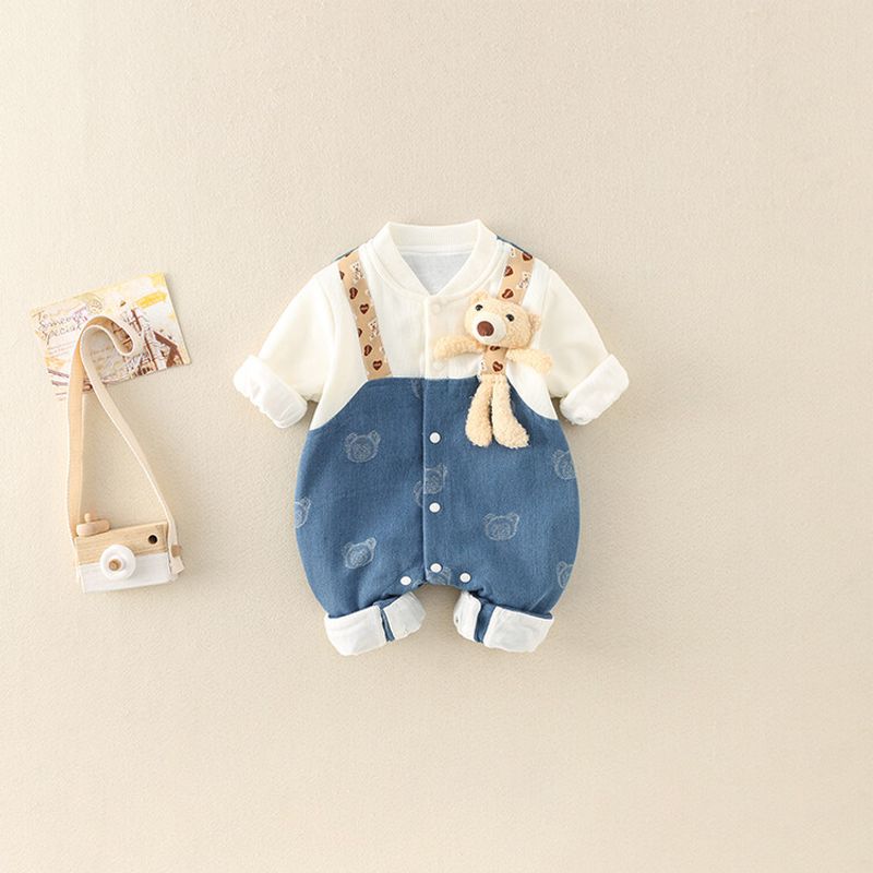 Baby clothes Soft denim jumpsuit wearing baby clothes cute bear clothing crawl suit_voghion.com