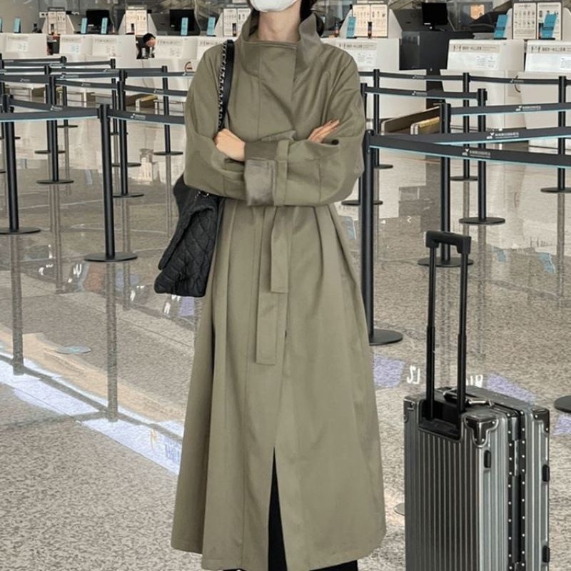 Korean lazy style loose windbreaker jacket for women's autumn new item, small and high-end casual long coat_voghion.com