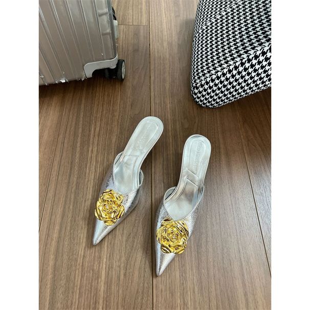 2025 Spring New Fashion Style Metal Camellia Pointed Stiletto High Heel Closed Toe Mules Women's Shoes_voghion.com