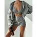 Basic Solid Color Hooded Loose Zipper Jacket Tank Top + Shorts Casual Three-Piece Set_voghion.com