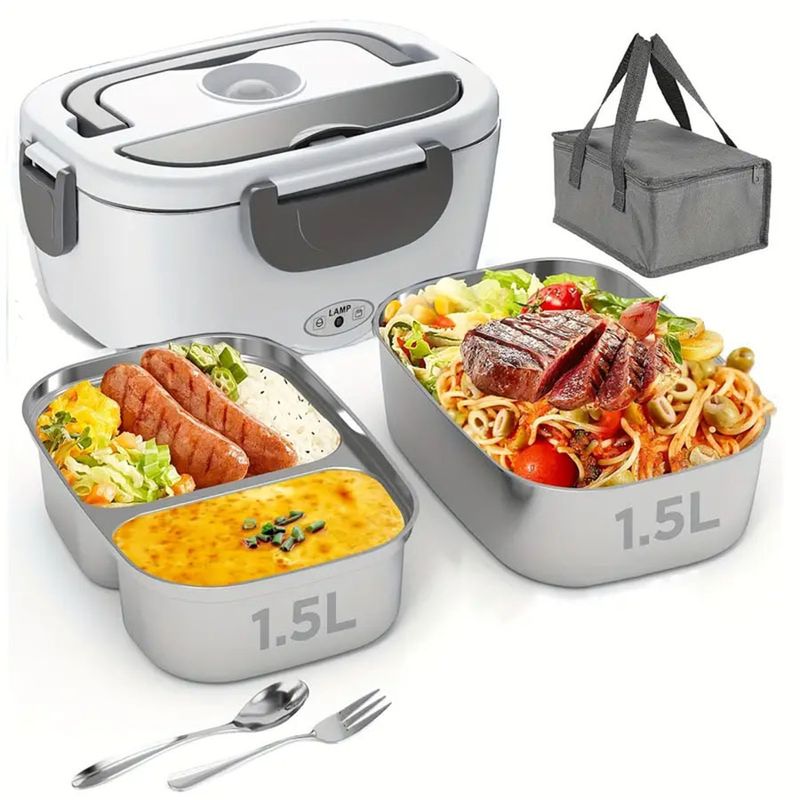 Weiße elektrische Lunchbox 1,5 l 304 Edelstahl Doppelstecker Set Schlafsaal und Auto Dual Use_voghion.com