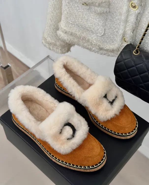 Vintervarme uldloafers Tykke såler uldloafer kvinder metalkæde sko vinter bomuld pels flade damer komfortable_voghion.com