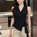 Top senza maniche nero in stile coreano, di alta qualità, da donna, estivo, con cintura allacciata alla francese, snellente_voghion.com