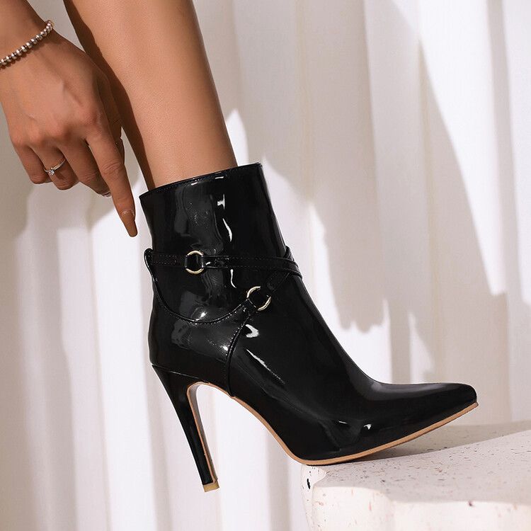 Patent Short 34-50 Large Size Pointed Toe Stiletto Heel Shoes 2024 New Women's Leather Boots_voghion.com
