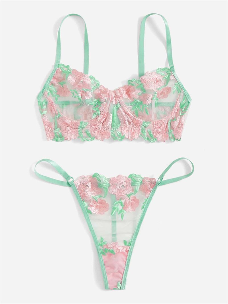 Women's contrast color flower embroidery lace underwear summer sexy thong see-through sexy three-piece set_voghion.com