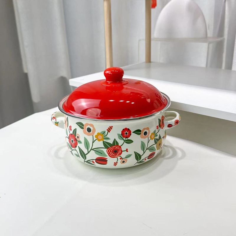 Three-Piece Set Thickened Double-Handled With Lid Baby Food Instant Noodle Flat-Bottom Soup Pot Enamel Cookware_voghion.com