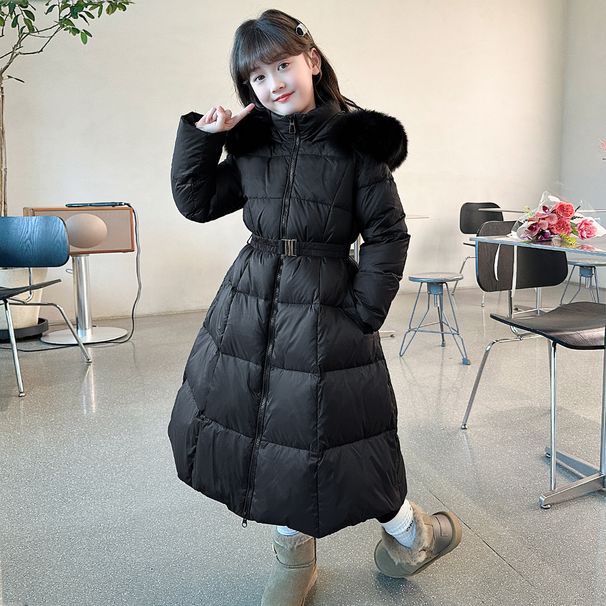 Piumino lungo invernale per bambine con cappuccio in pelliccia sintetica per mamma e bambini – Giacca calda foderata in pile per bambine, capospalla elegante e comodo (rosa/nero, 120-170 cm)_voghion.com