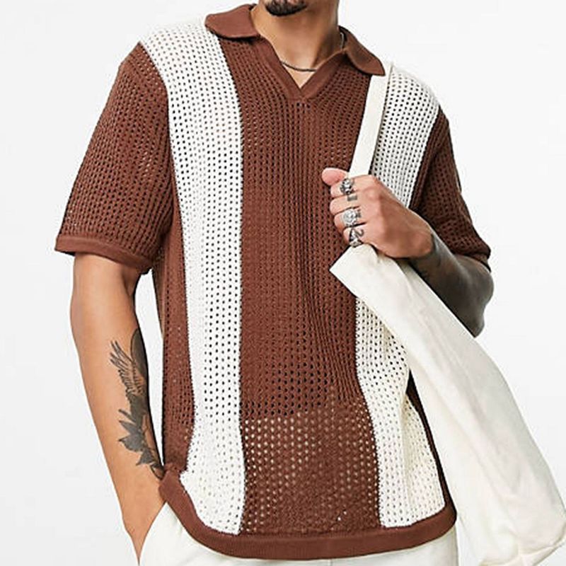 Men's Knitted Polo Shirt - Summer Thin Hollow Design Casual Pullover With Color Block​_voghion.com