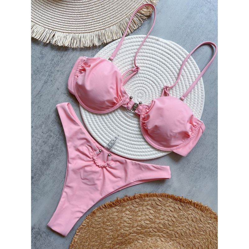 Maillot de bain fendu couleur unie, accessoires métalliques, bikini, pour la plage, pour les vacances, 2025_voghion.com