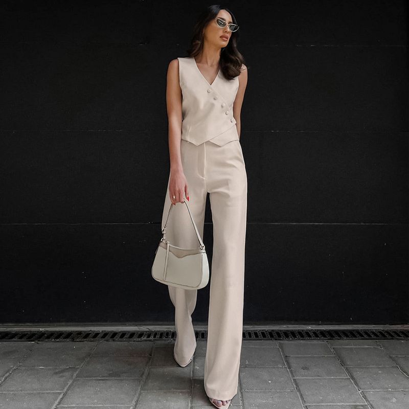 Damenbekleidung Anzugweste Weste Baumwolle Hanf hohe Taille gerade Hose einfach_voghion.com