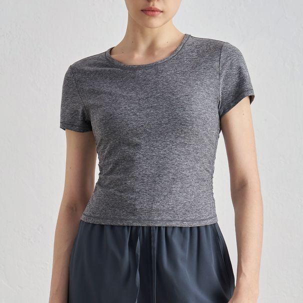 Women's Clothing High End Slim Yoga Tops Ribbed Round Neck Love Fitness Short Sleeved Pleated Outdoor Sports T Shirts For Women_voghion.com