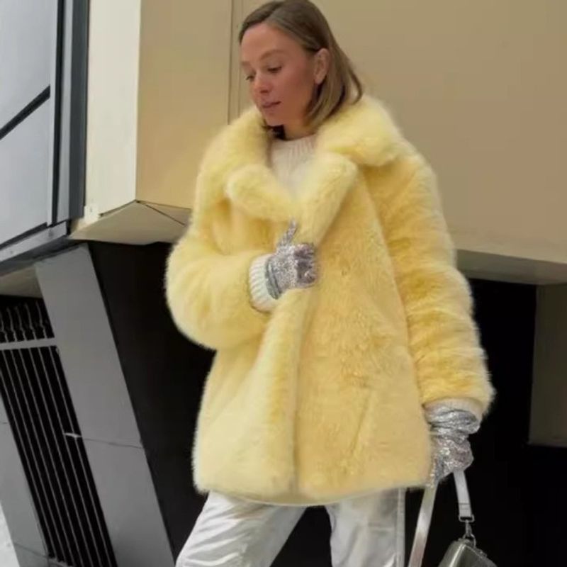Cappotto di pelliccia sintetica di lusso da donna, giacca oversize con collo in pelliccia di volpe, stile casual streetwear, per donna (giallo 074)_voghion.com