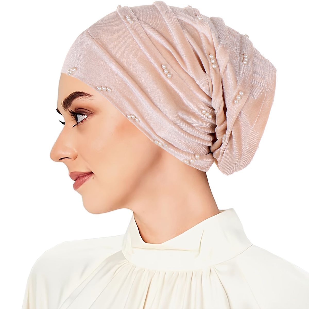 Einfarbiger Stirn-Kreuz-Samt-Perlen-Kopftuchhut für Damen, muslimischer Turban-Hut auf Lager_voghion.com
