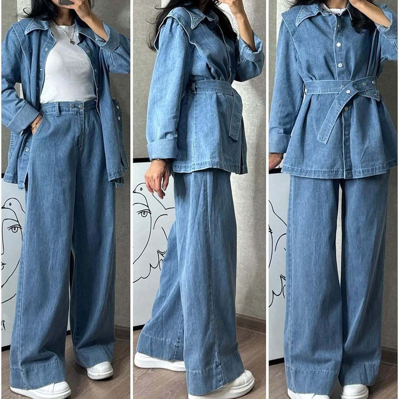 Vêtements pour femmes : ensemble deux pièces veste en jean à manches longues et jean large_voghion.com
