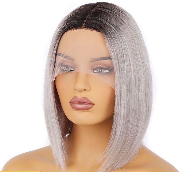 Caschetto corto 1b/grigio chiaro parte centrale caschetto corto 13x4x1 Parrucca in pizzo Parrucca 100% capelli umani_voghion.com