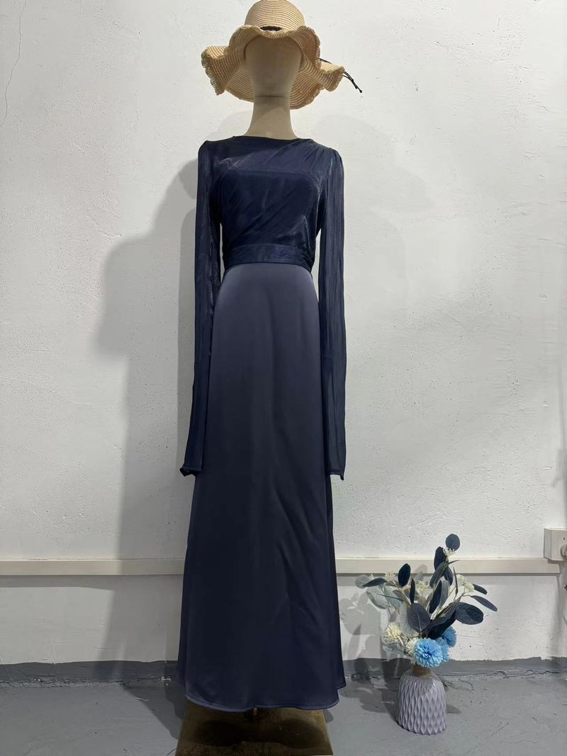 Women's Clothing Autumn Spliced Organza Large Swing Sleeves Long Satin Slim Dress_voghion.com