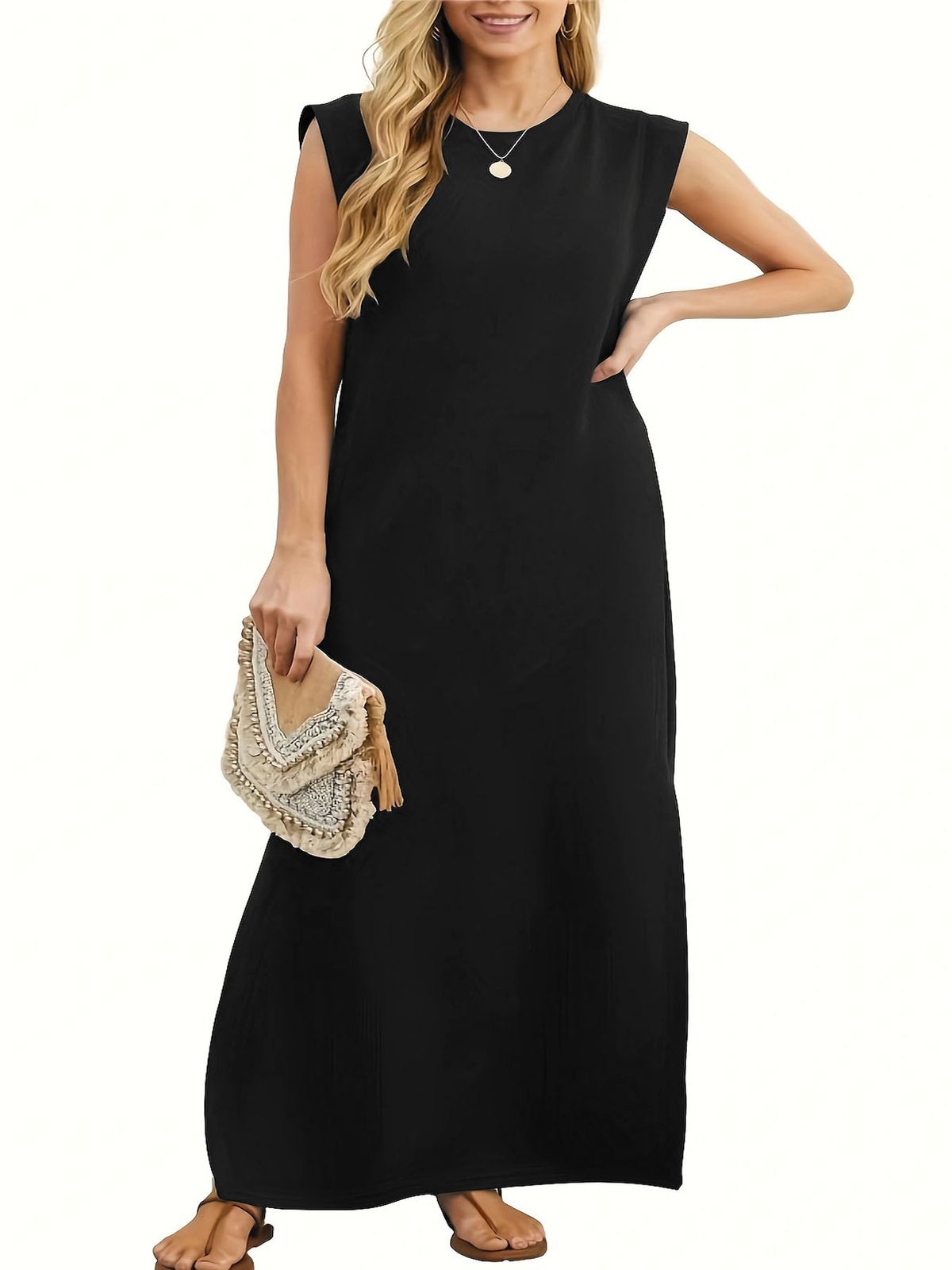 Women's Plus Size A-Line Black Casual Dress With Pockets - Round Neck Sleeveless Summer Maxi Dress - Comfortable Loose Fit_voghion.com