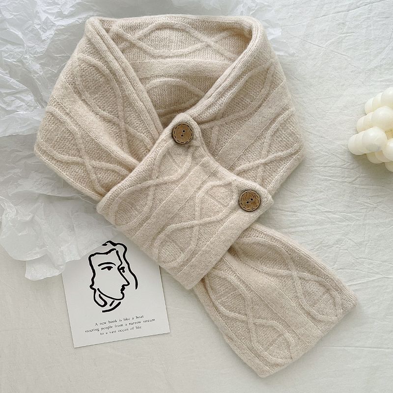 Autumn and Winter Korean Versatile Solid Color Warm Button Cross Neck with Wool Charm Simple Knitted Scarf_voghion.com